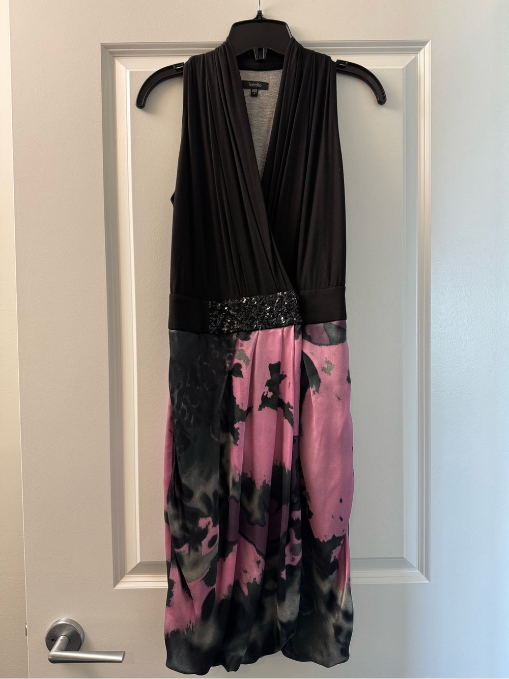 Teenflo Elegant Black & Pink Silk Maxi Dress with Sequin Waist Detail.